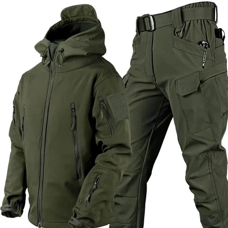 Waterproof tactical jacket and cargo pants set, soft-shell fleece-lined outdoor adventure suit