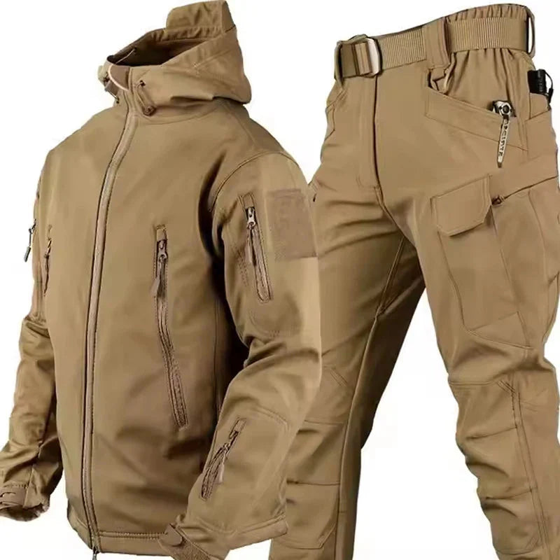 Waterproof tactical jacket and cargo pants set, soft-shell fleece-lined outdoor weatherproof ensemble