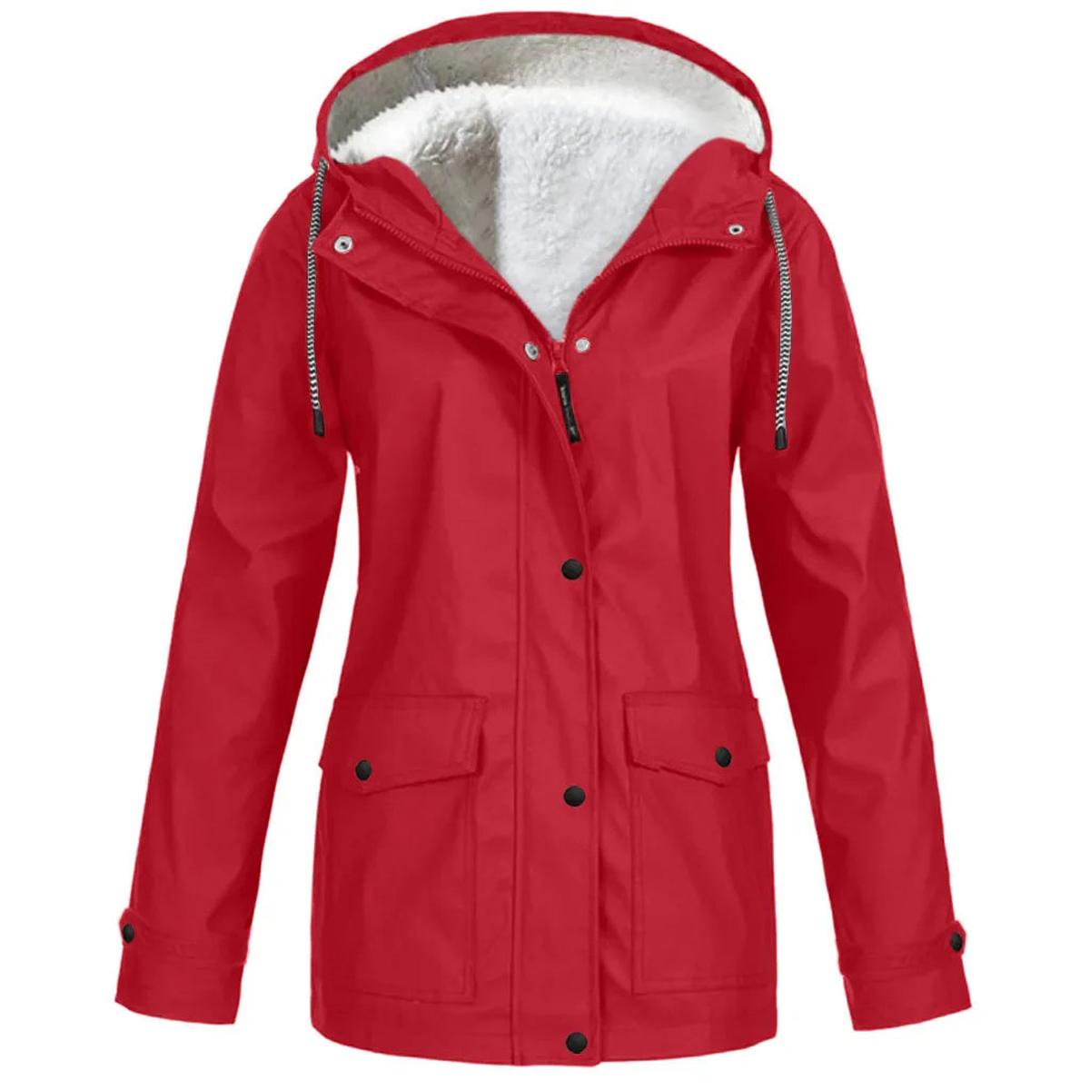 Women's water-windproof fleece-lined hooded jacket for cold weather, durable sherpa insulation