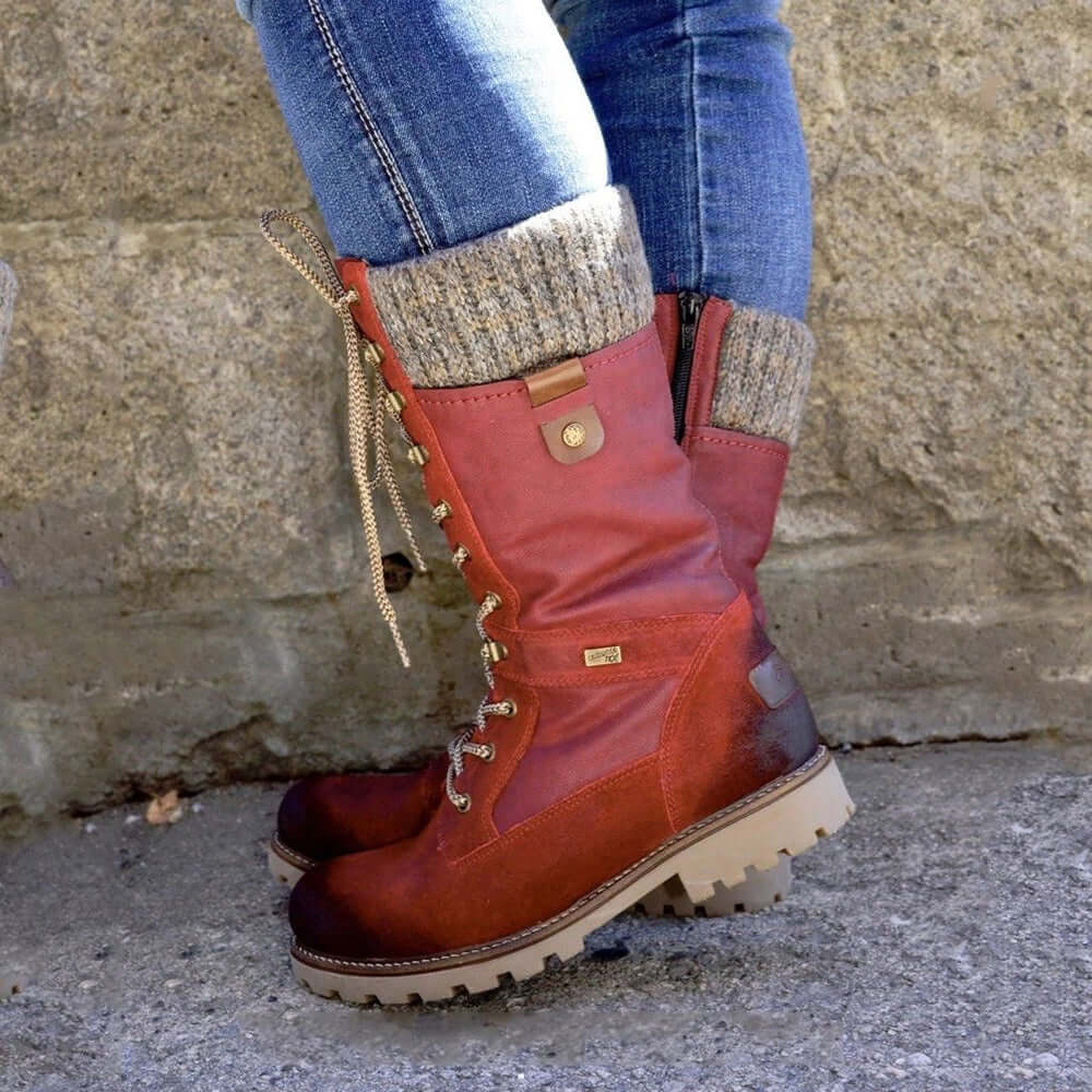 Women's brown waterproof knee-high winter boots with lace-up design and non-slip insulated rubber sole