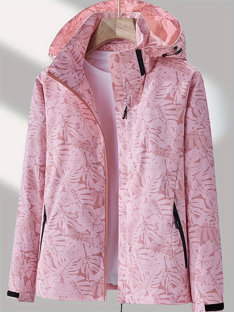 Women's lightweight windproof waterproof jacket with tonal leaf print and adjustable hood for active style