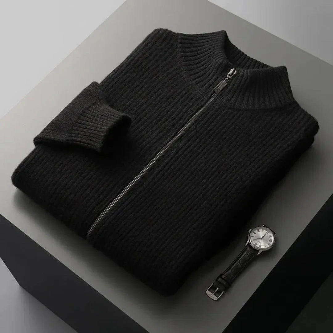 Watson wool full-zip sweater with ribbed high collar in classic knit texture for men and women