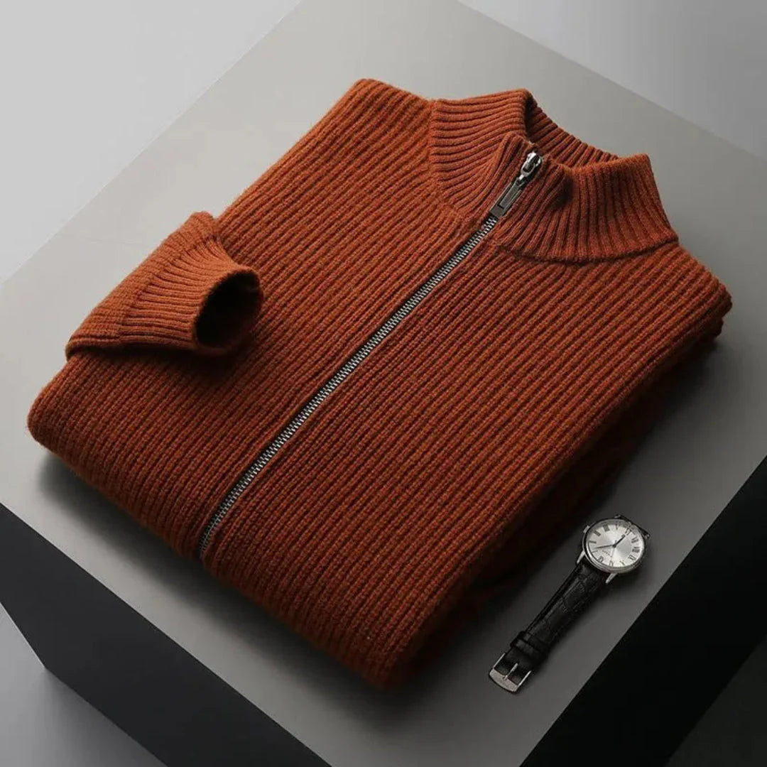 Watson wool full-zip sweater ribbed knit high collar neutral versatile layering piece for men women
