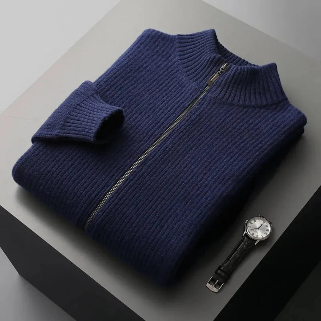 Watson full-zip wool sweater ribbed knit high collar neutral versatile layering piece for men women