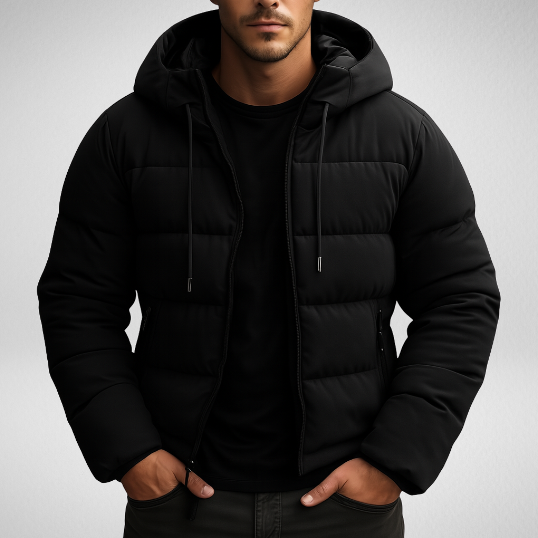 Waterproof padded jacket for cold weather with water-repellent fabric and adjustable hood