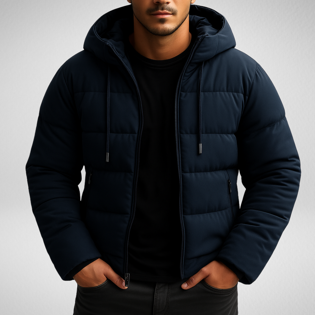Waterproof padded jacket cold weather olive green lightweight slim fit adjustable hood water-repellent
