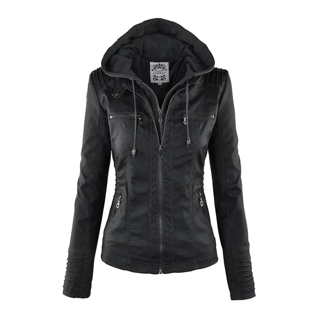 Women's black weatherproof leather jacket with detachable hood, water-repellent slim fit for office and casual wear