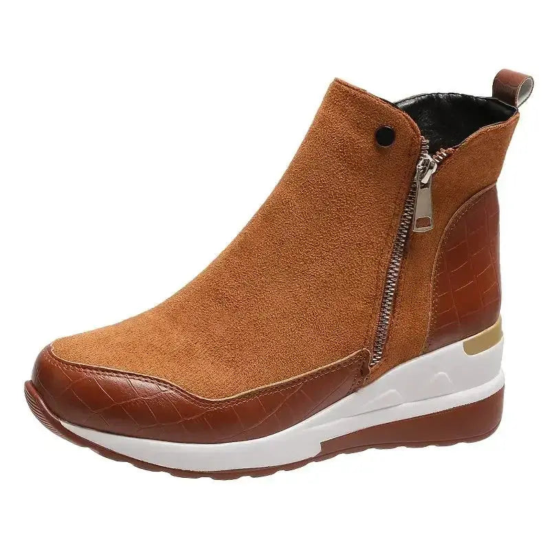 Women's wedge ankle boots suede croc-textured faux leather platform heel chic style