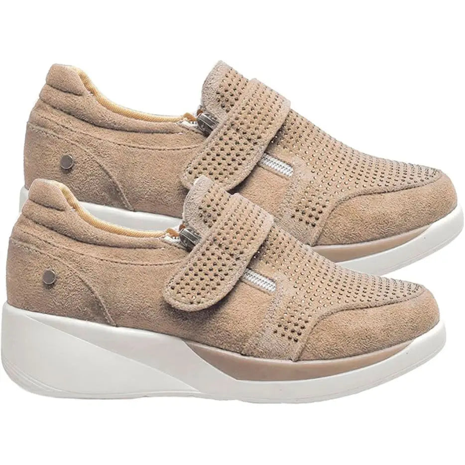 Women's suede wedge sneakers with side zipper and velcro strap, chic casual comfort footwear