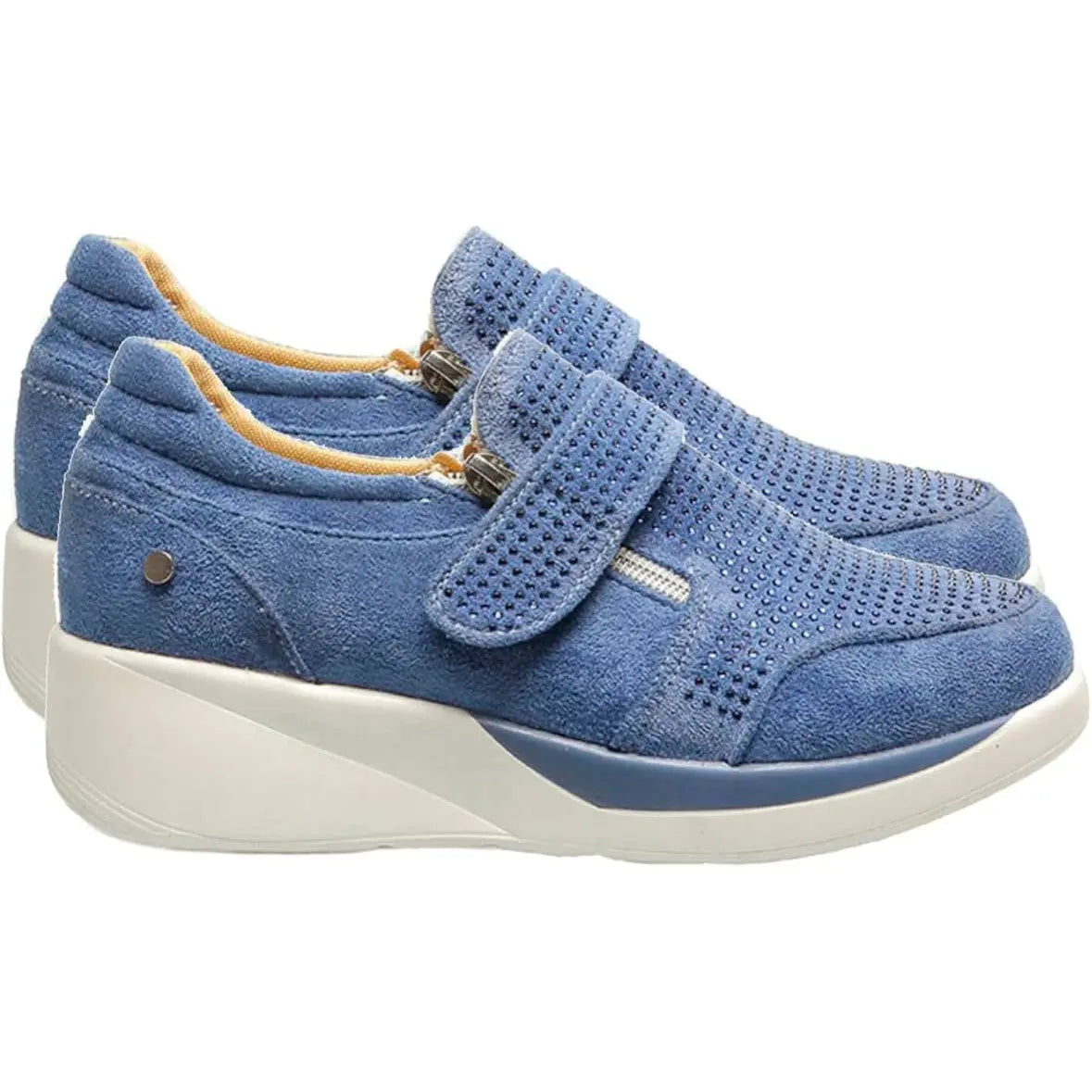 Women's suede wedge sneakers with side zipper and velcro strap, chic casual comfort footwear