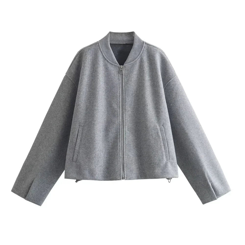 Soft women's loose-fit autumn jacket with stand-up collar for warm everyday layering