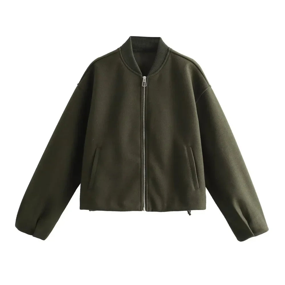 Soft women's loose-fit autumn jacket with stand-up collar for warm everyday layering