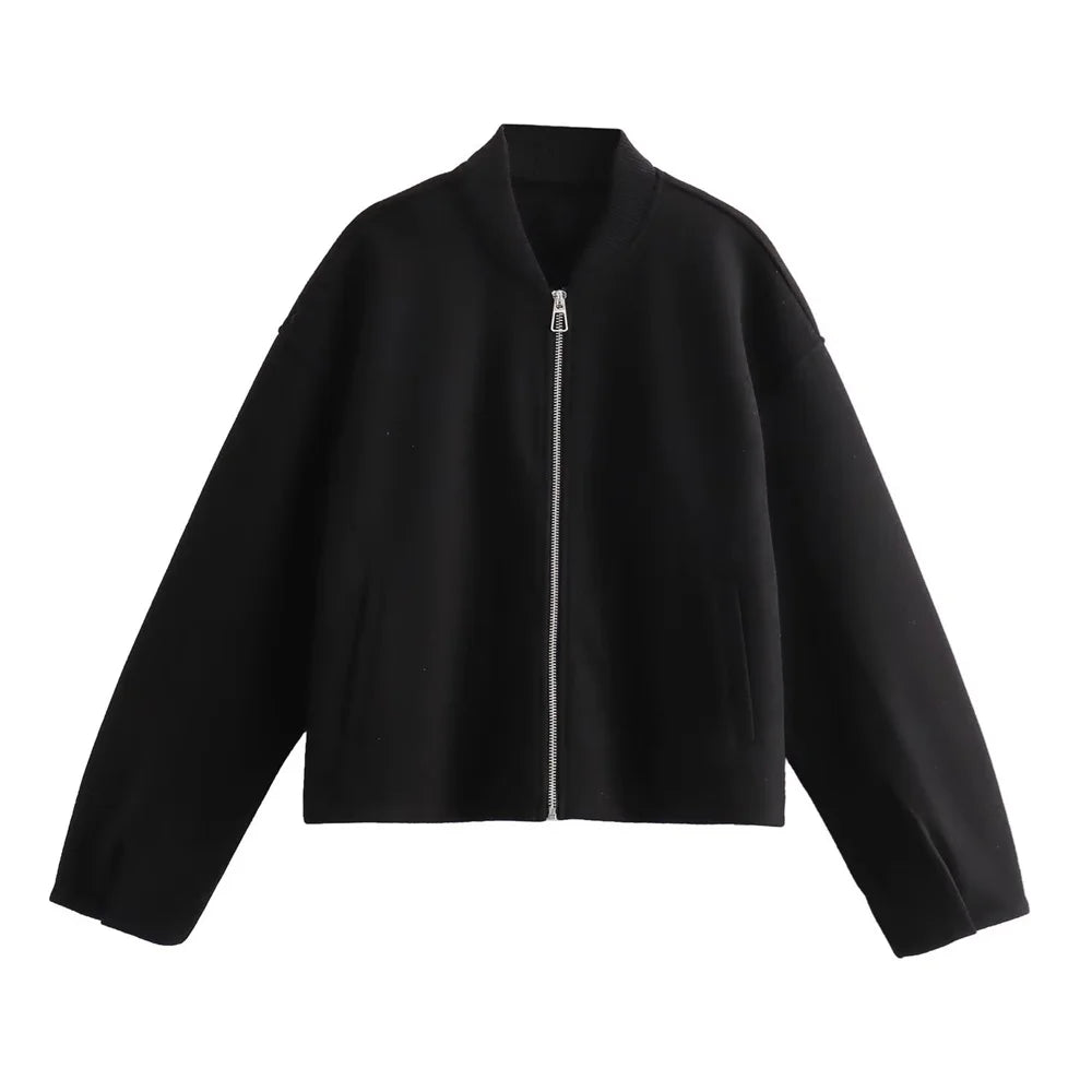 Soft women's loose-fit autumn jacket with stand-up collar for warm layering comfort