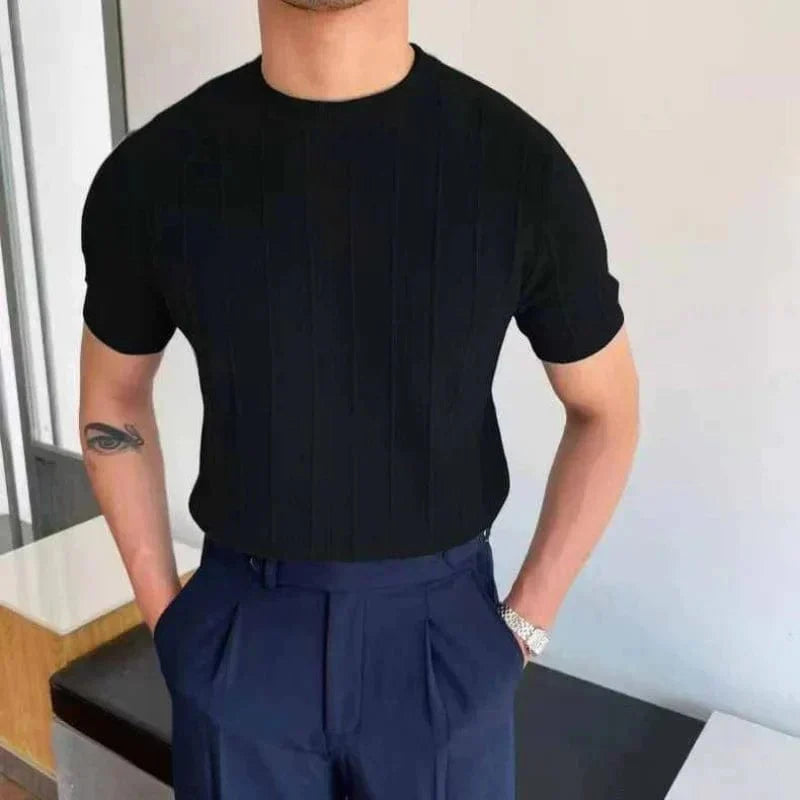 Elias structured short sleeve rib-knit shirt with round neckline for sharp everyday comfort