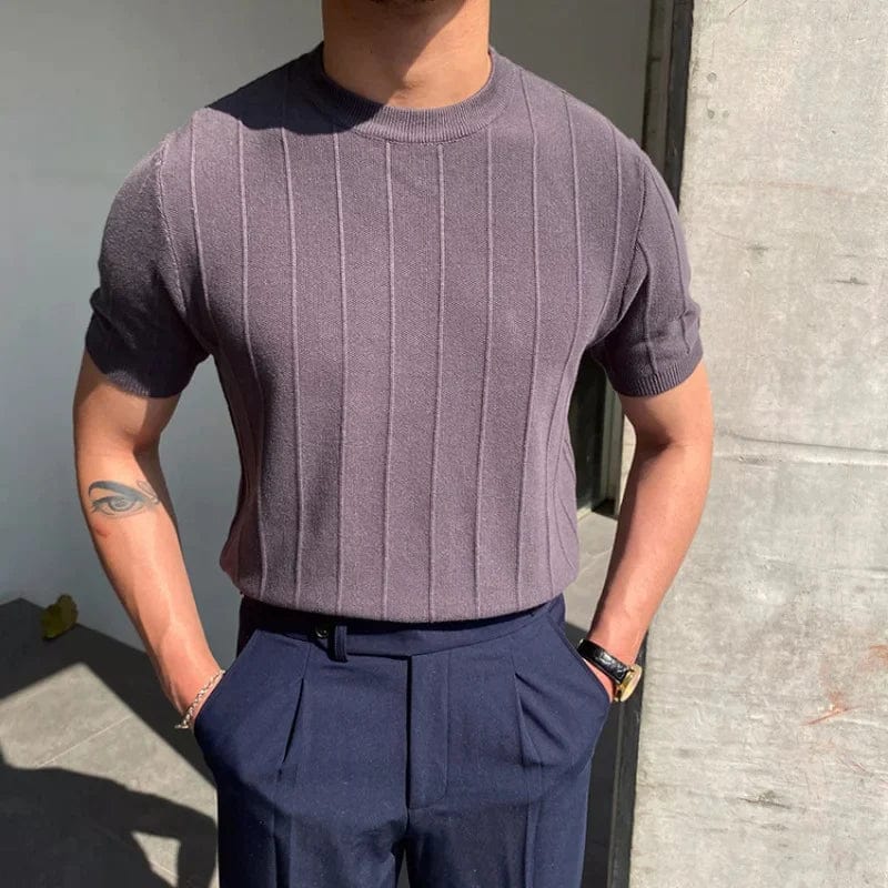 Elias structured short sleeve rib-knit shirt with round neckline for sharp everyday comfort