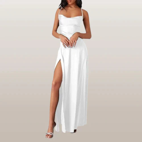 Vera satin maxi dress cowl neck with thigh slit, sleek formal gown for elegant evenings