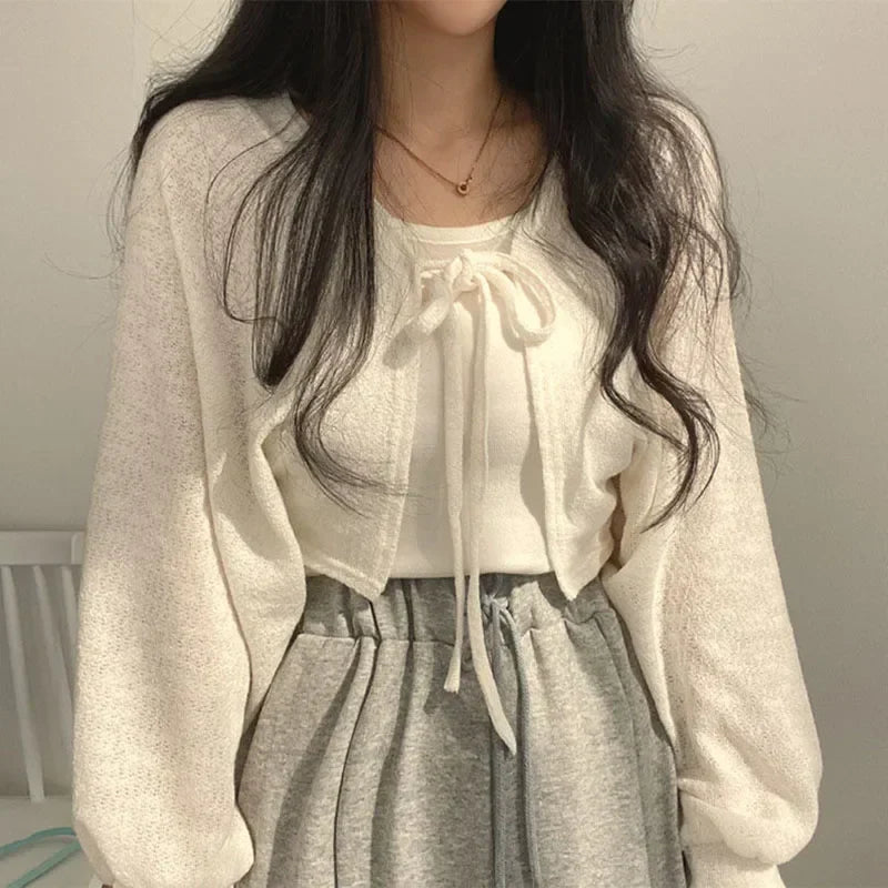 White lightweight knitted cardigan women summer sun protection chic breathable cover-up