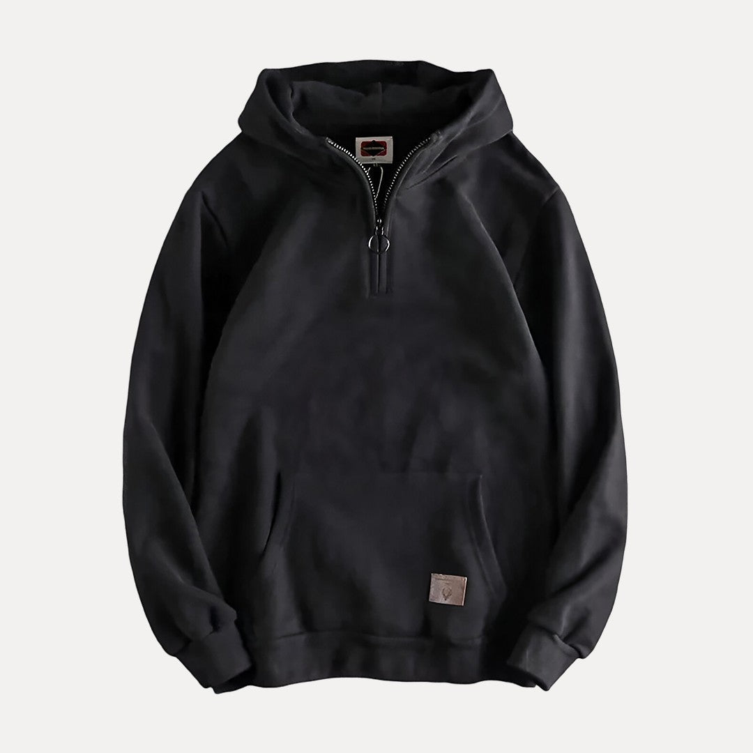 Men's gray minimalist pullover hoodie half-zip long sleeve relaxed fit casual everyday warmth