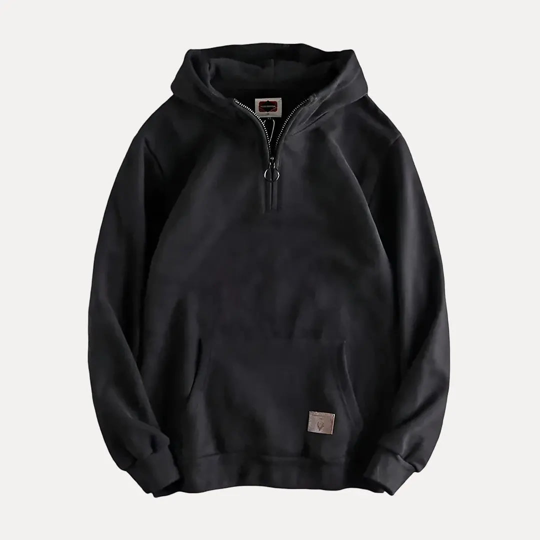 Cozy gray half-zip relaxed fit hoodie with plush soft fabric for outdoor and casual wear