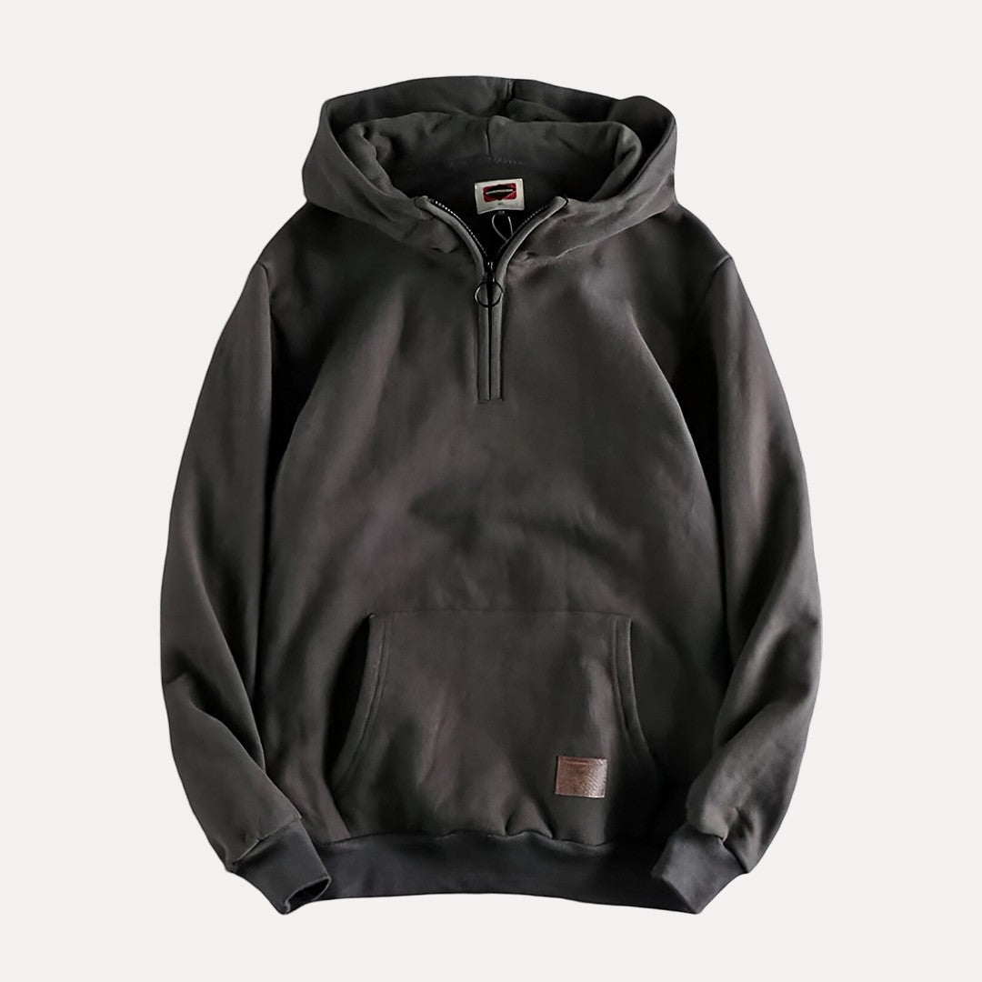 Men's gray minimalist pullover hoodie with half-zip front, relaxed long sleeve casual fit for everyday wear