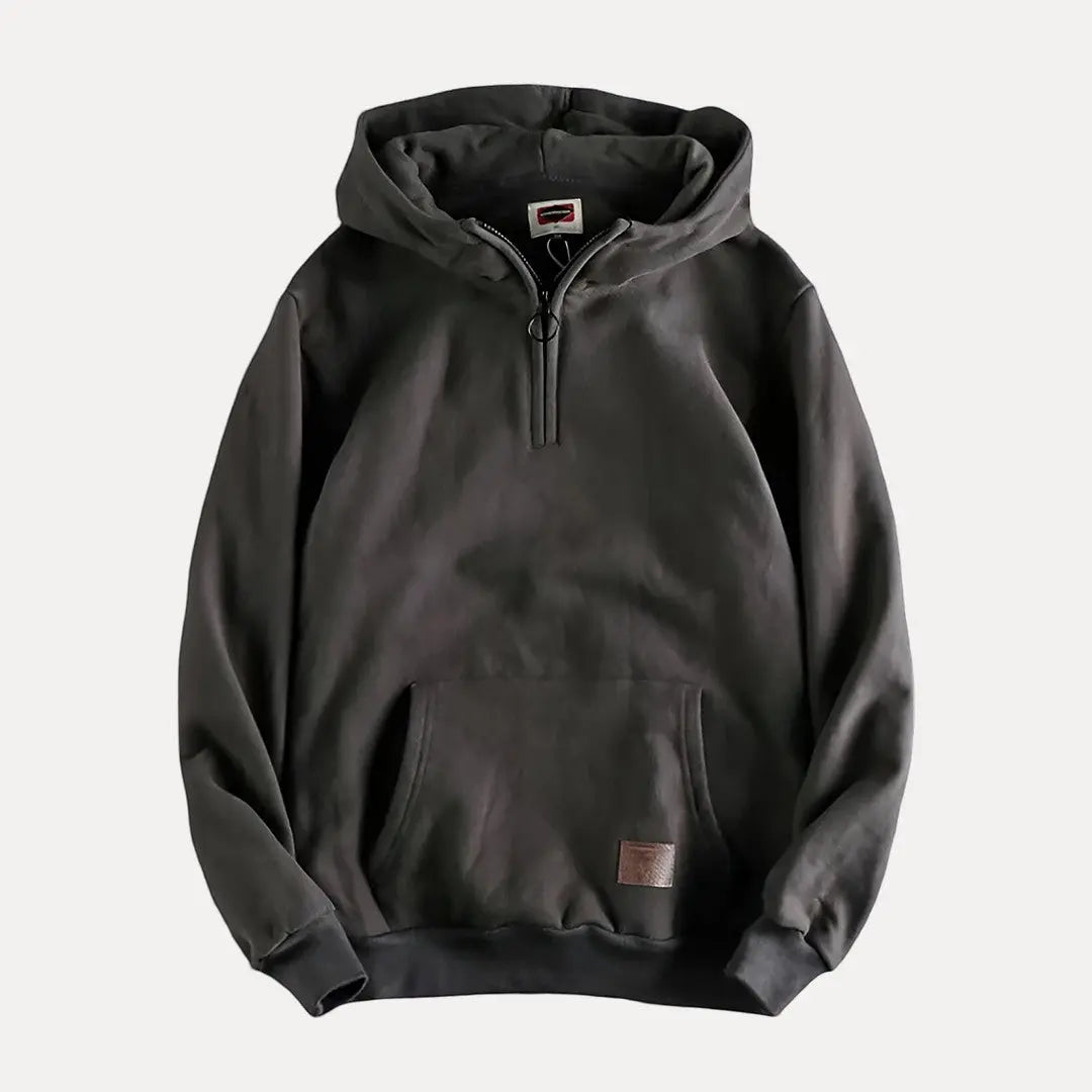 Men's gray fleece half-zip hoodie relaxed fit with kangaroo pocket for cozy everyday warmth