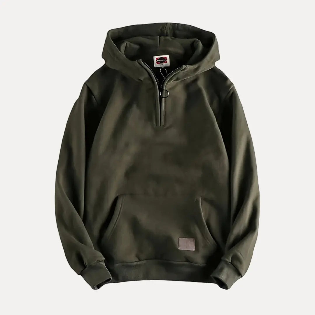 Men's gray fleece half-zip hoodie relaxed fit with kangaroo pocket for cozy casual warmth