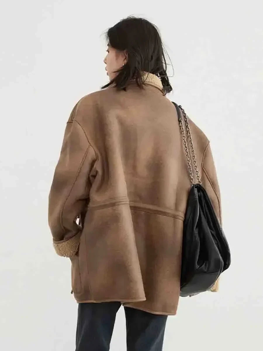 Women's reversible stand-up collar jacket dual-look loose fit for autumn winter layering