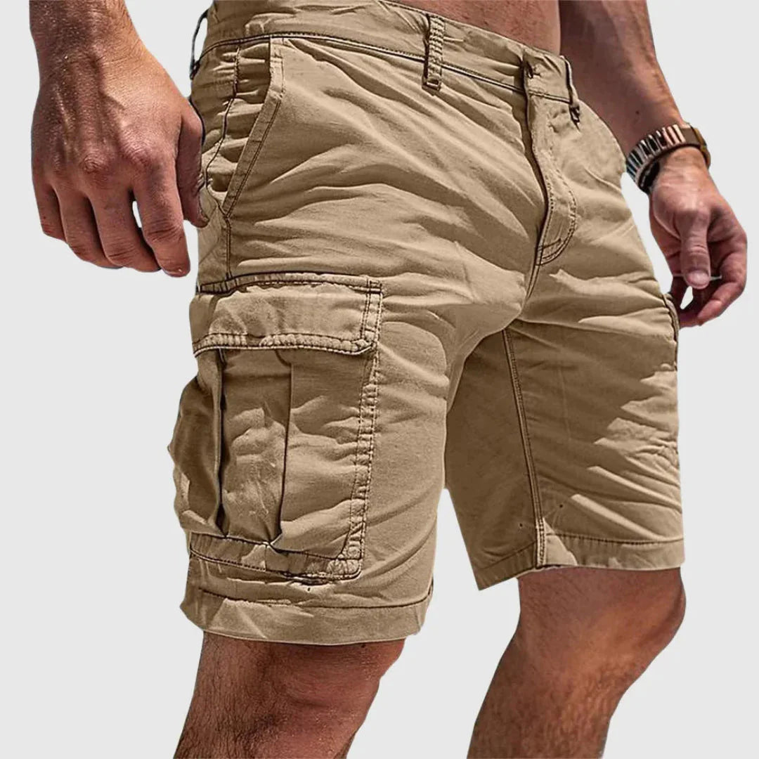 Men's khaki cargo shorts relaxed fit durable breathable multi-pocket utility outdoor adventure wear