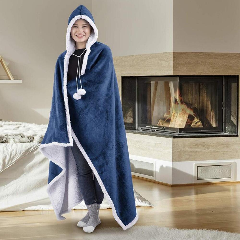 Fluffy gray hoodie blanket with foot pockets, cozy foldable polyester wearable wrap for cold days