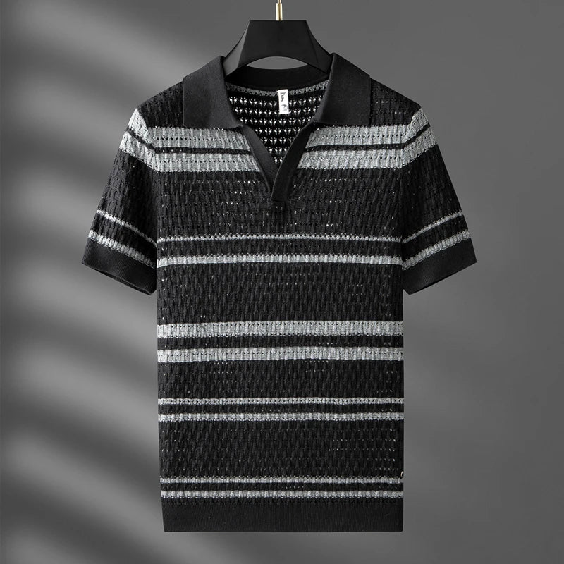Men's cream mocha retro knit polo shirt lightweight open-knit breathable summer vintage style