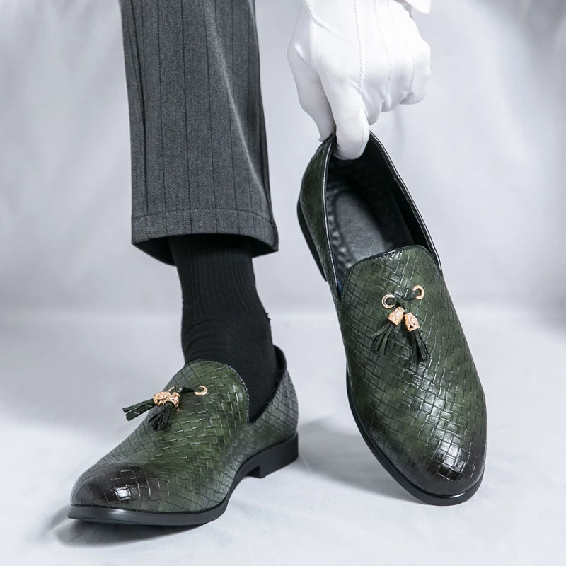 Brown genuine leather professional loafers slip-on style with rose gold tassel detail and cushioned insole