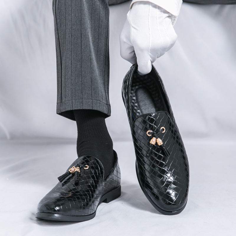 Brown genuine leather professional loafers slip-on silhouette with rose gold tassels and cushioned insole