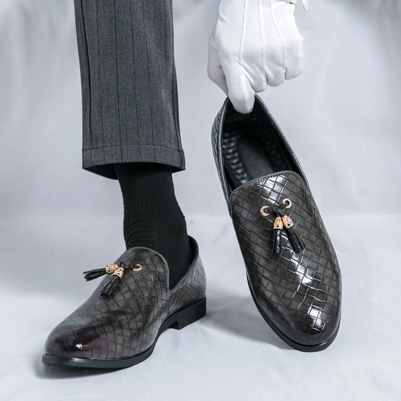Black genuine leather loafers slip-on professional style with rose gold tassel accents woven embossed finish