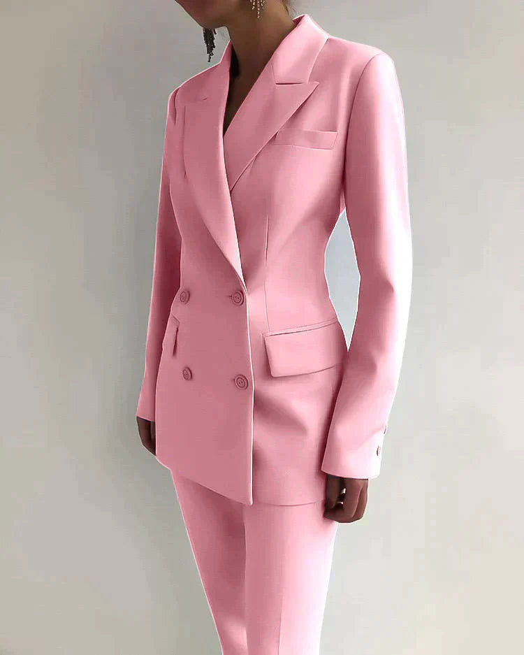 Women's double-breasted blazer trouser suit tailored two-piece professional set with structured silhouette