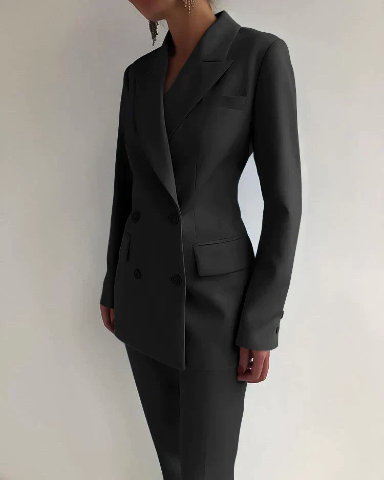 Women's double-breasted blazer trouser suit tailored two-piece professional set with structured silhouette