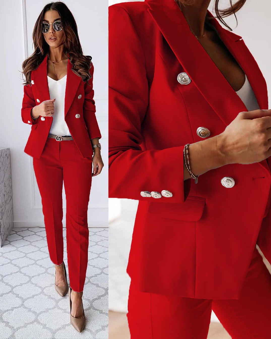 Women's elegant two-piece jacket and pants suit in refined tailoring for polished sophisticated style