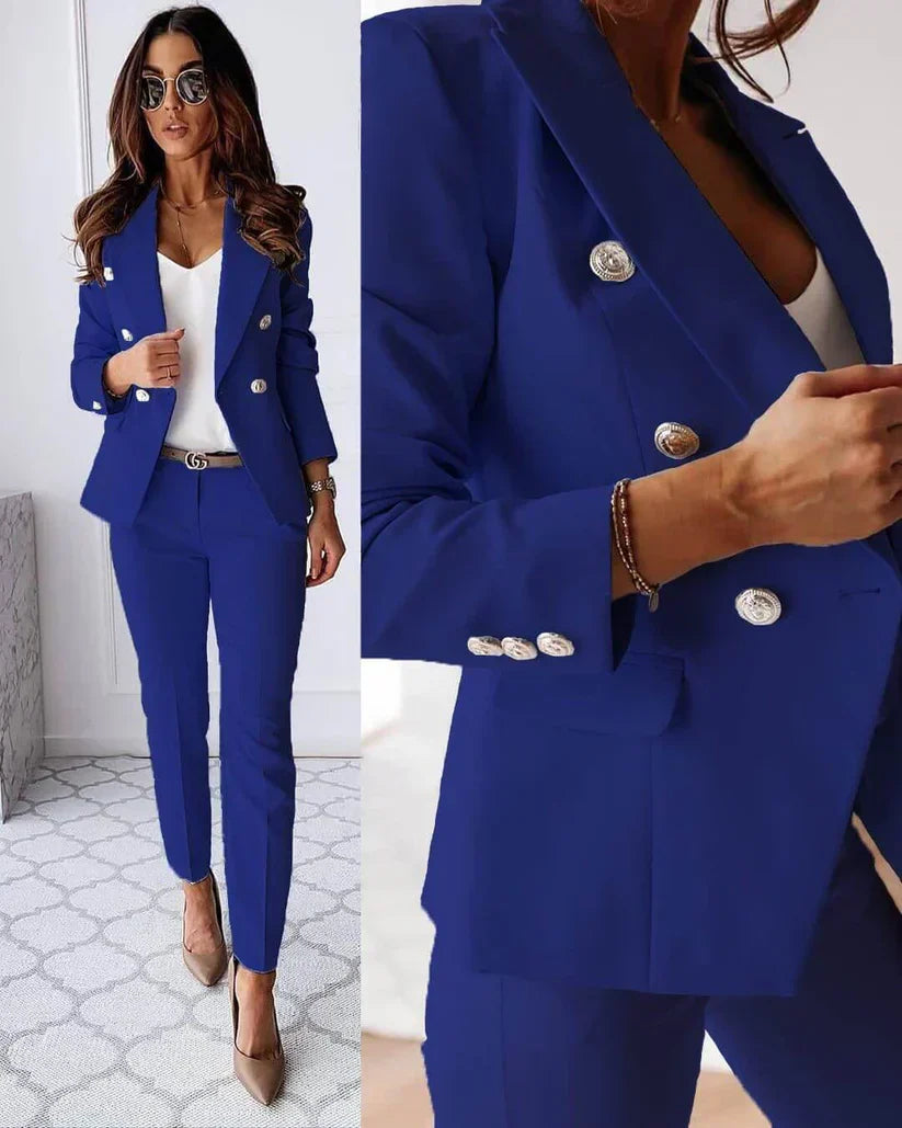 Women's tailored blazer matching trouser set elegant professional suit polished business formal look