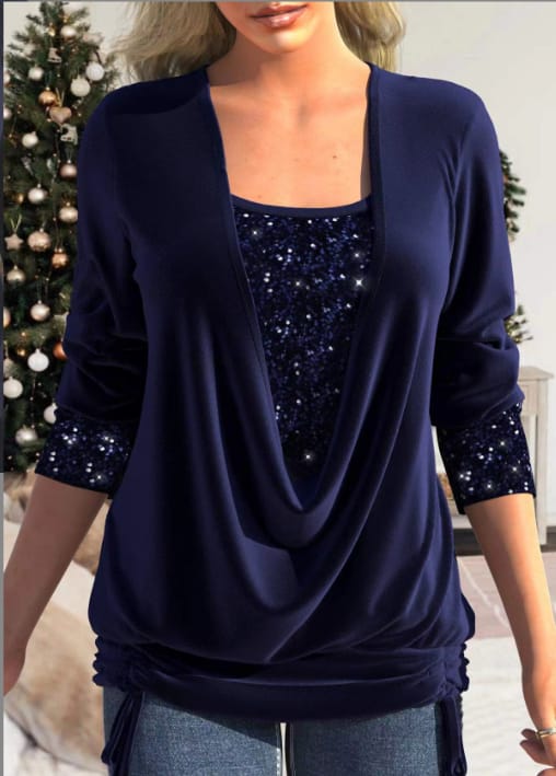 Women's loose-fit sequined blouse with long sleeves, subtle shimmer, and flattering tummy-hiding silhouette