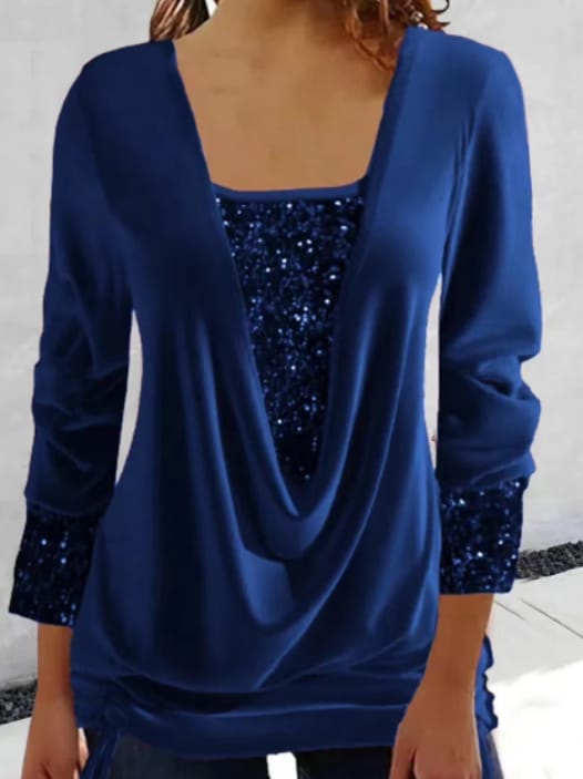 Women's loose-fit sequined blouse long sleeve casual formal sparkle tummy-hiding silhouette