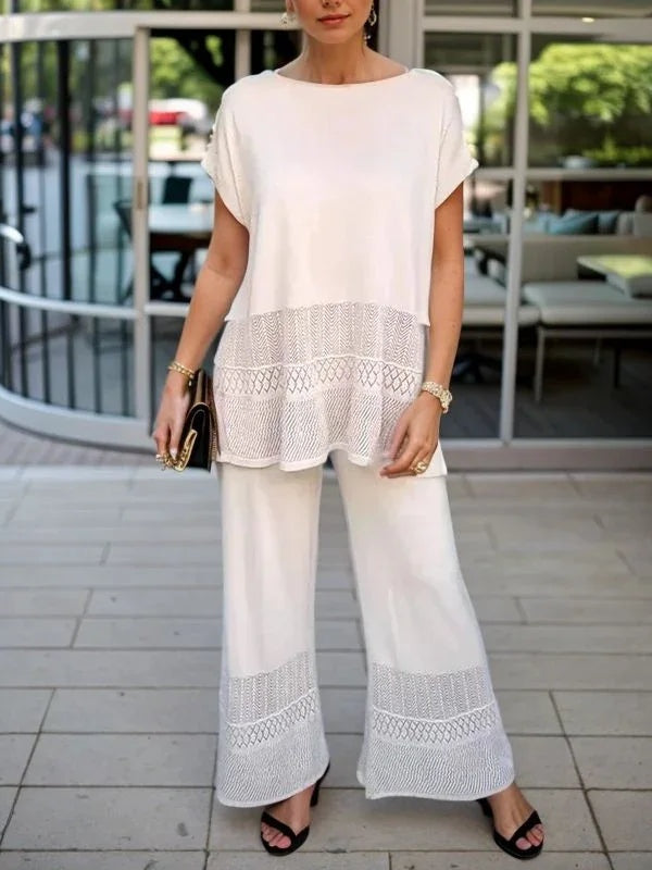 Women's mesh lace two-piece set, wide leg pants, crew neck short sleeve top, breathable elegant style