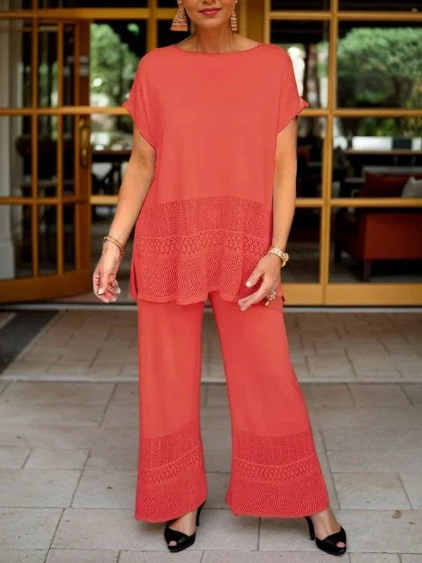 Women's mesh lace two-piece set, wide leg pants & crew neck top, breathable hollow design