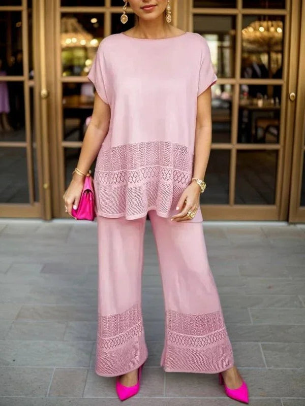 Women's mesh lace two-piece set, wide leg pants, hollow crew neck top, lightweight breathable fabric