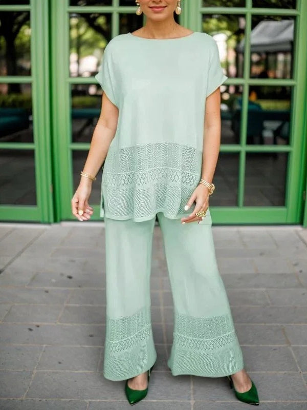 Women's mesh lace two-piece set, wide-leg pants & hollow crew neck top, lightweight breathable fabric