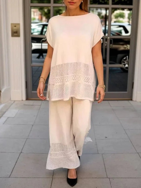 Women's mesh lace two-piece set, wide leg pants & hollow crew neck top, lightweight breathable fabric
