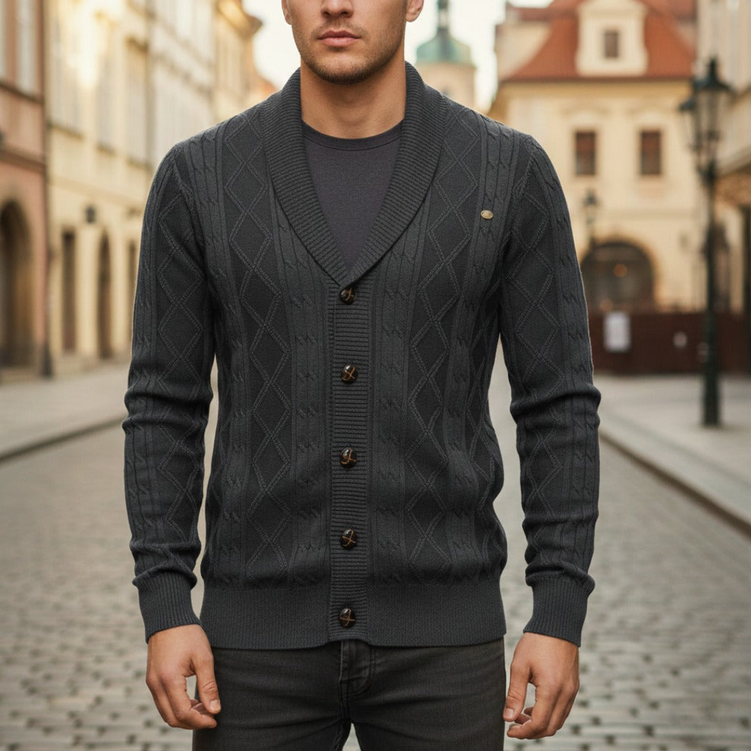 Men's beige shawl collar cardigan button-front classic warm knit sweater versatile layering style