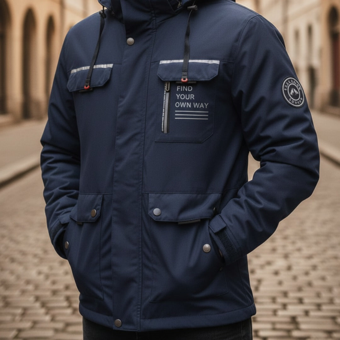 Men's insulated hooded parka jacket in black slim fit with windproof design for city and outdoor wear