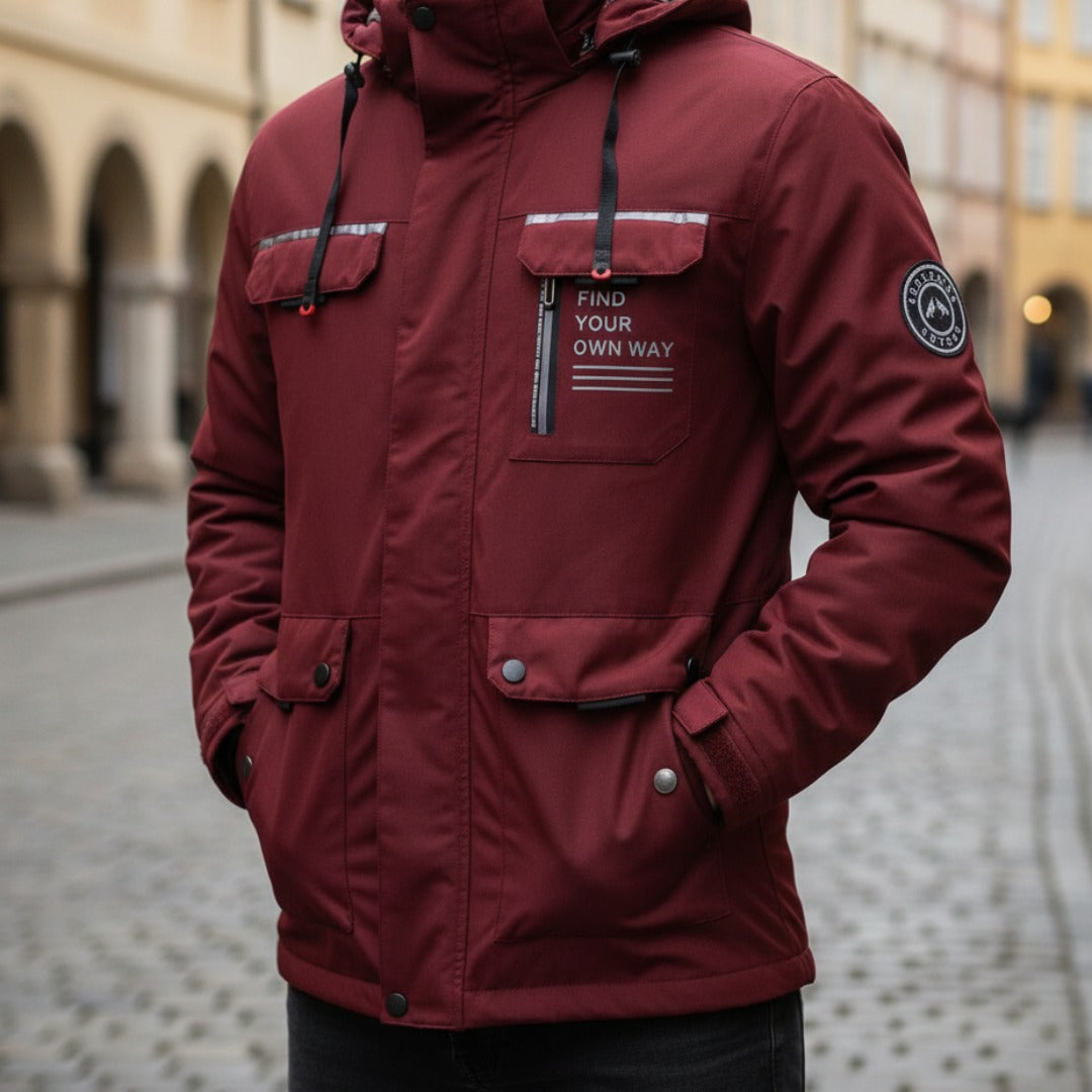 Men's insulated hooded parka jacket in versatile colors, elegant slim-fit design for city and outdoor wear