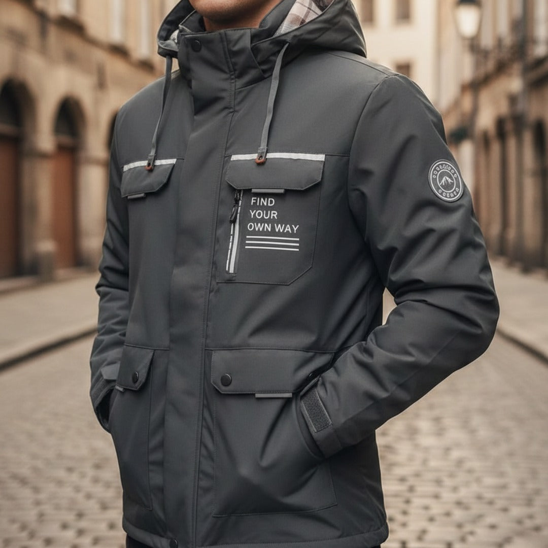 Men's insulated hooded parka jacket in black elegant slim-fit design for city and outdoor winter wear