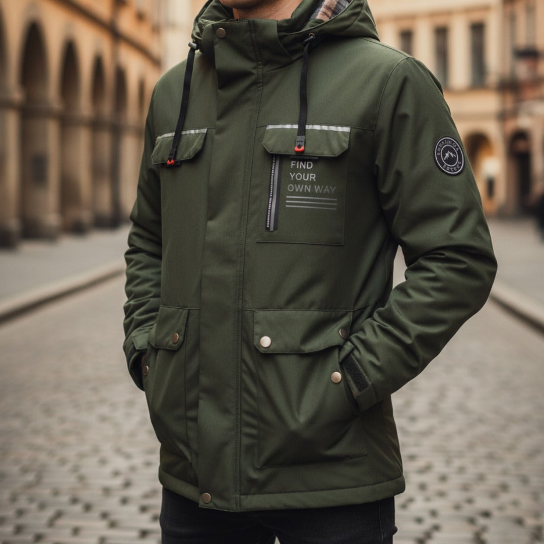 Men's insulated hooded parka jacket in versatile colors, elegant slim-fit design for city and outdoor use