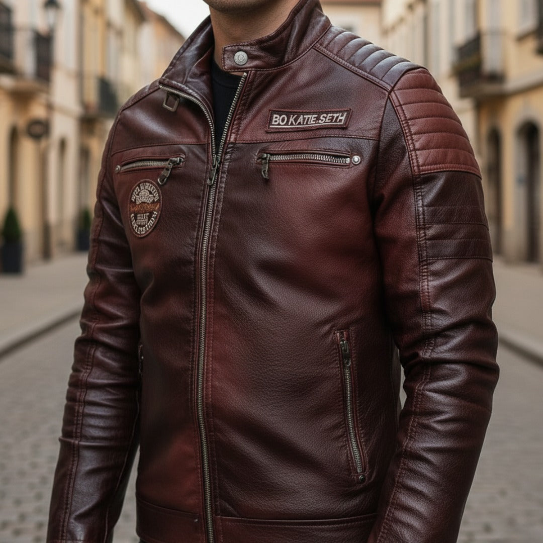 Men's black synthetic leather biker jacket with zipper closure and classic slim-fit silhouette